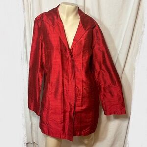Chico’s size 1 women’s button dark red silk iridescent long jacket medium
